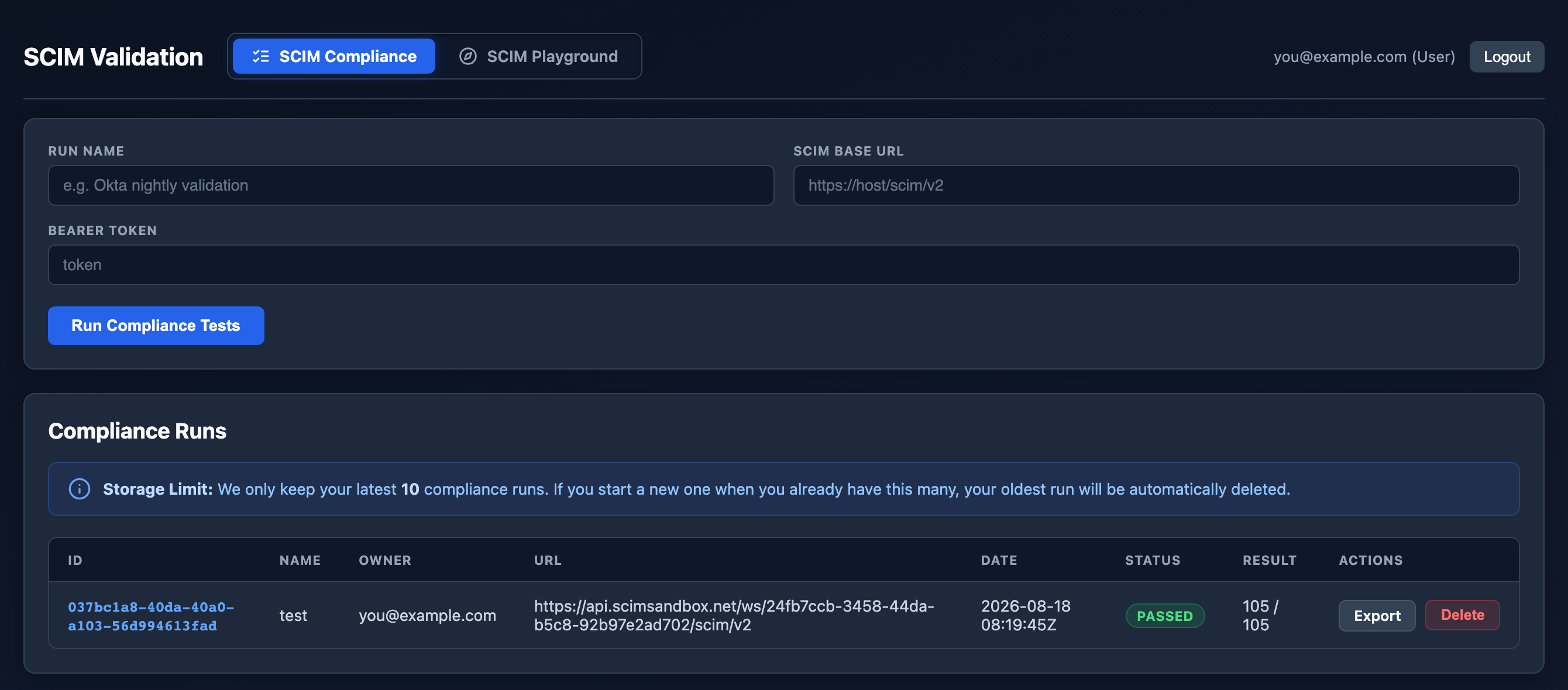 SCIM Compliance showing the run form for a SCIM base URL and bearer token above a table of validation runs with pass results.