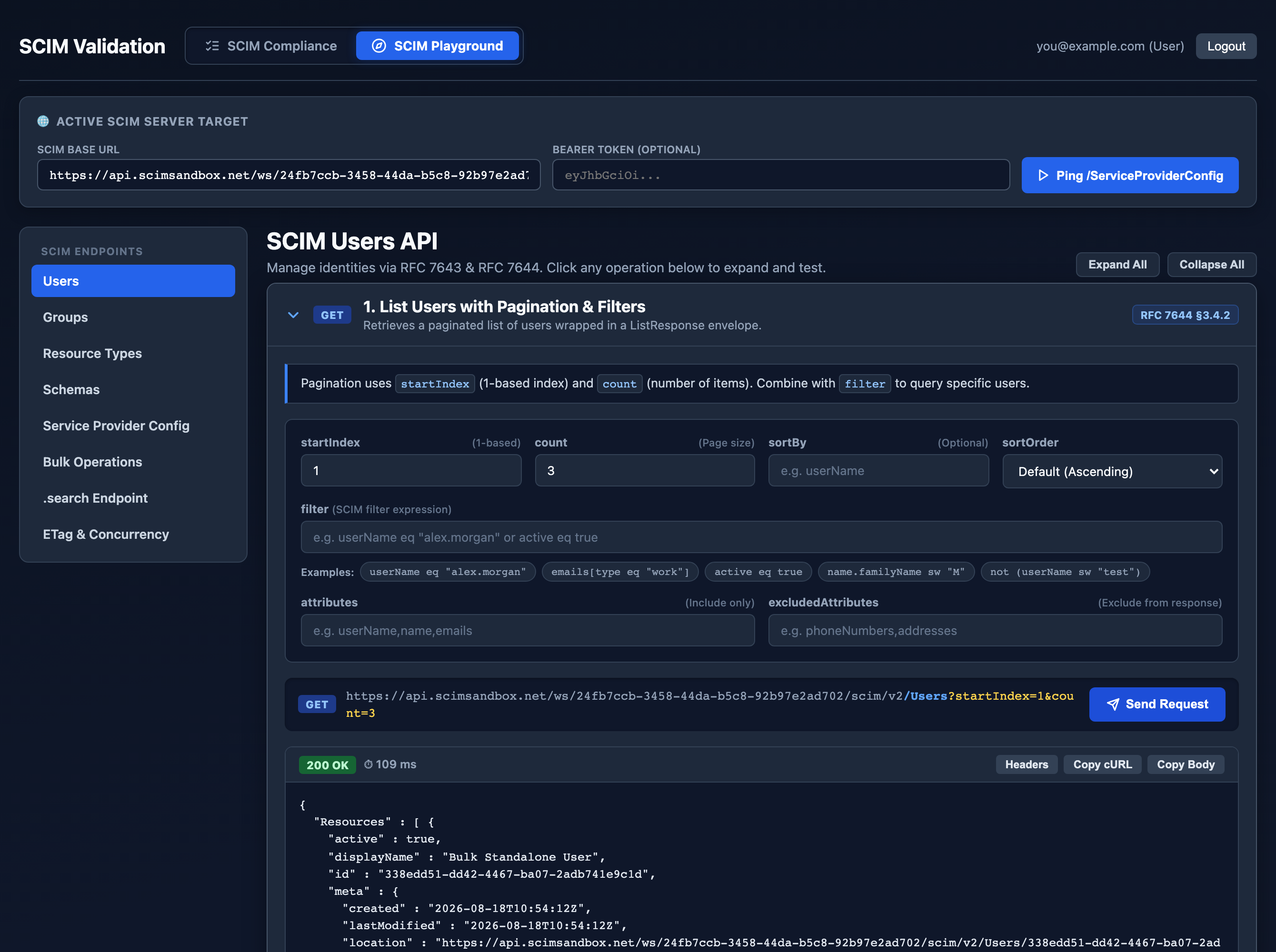 SCIM Playground showing the request builder with endpoint selection and query options next to the raw SCIM response.